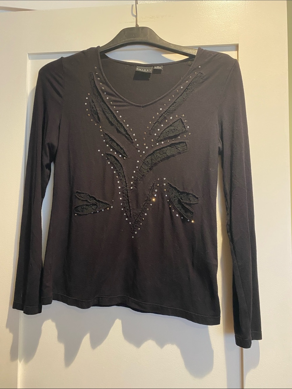 Tribal Black Long-Sleeve V-Neck Top with Lace Panels & Stud Details